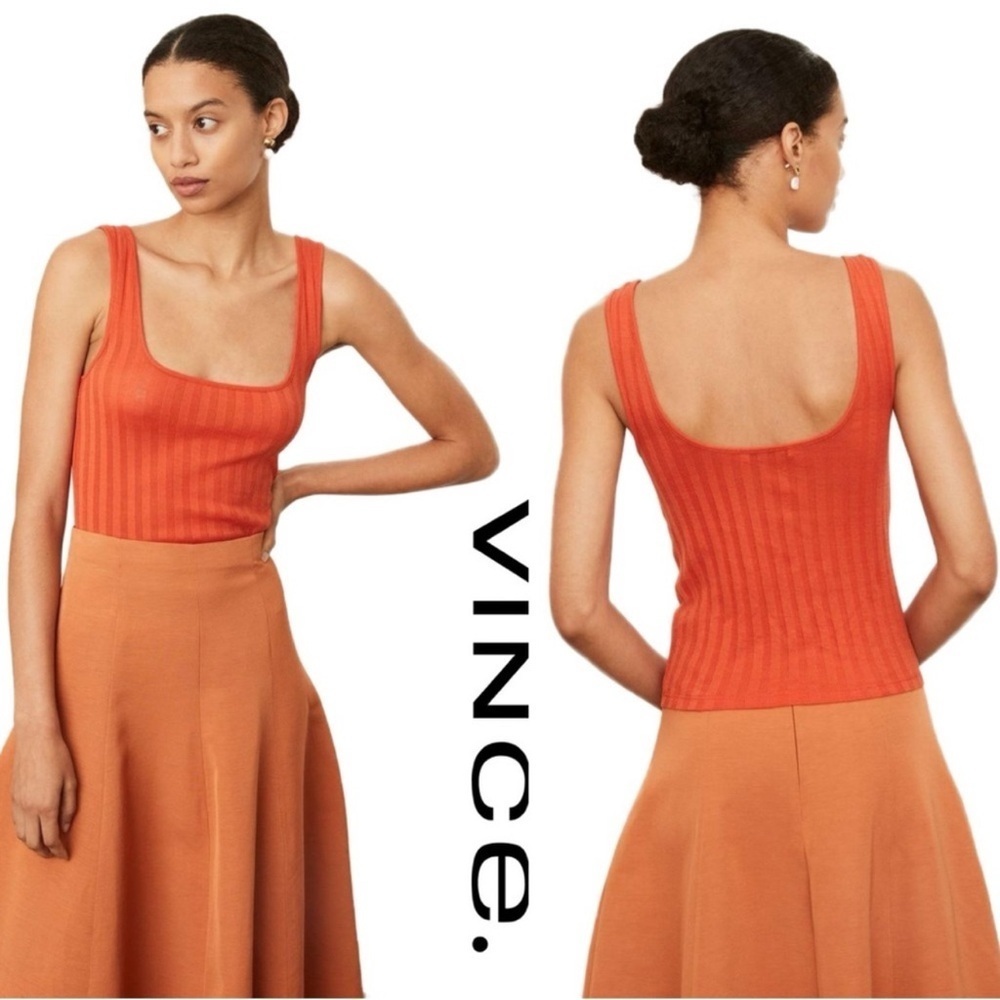 VINCE Square Neck Ribbed Orange Tank Top Size XLARGE